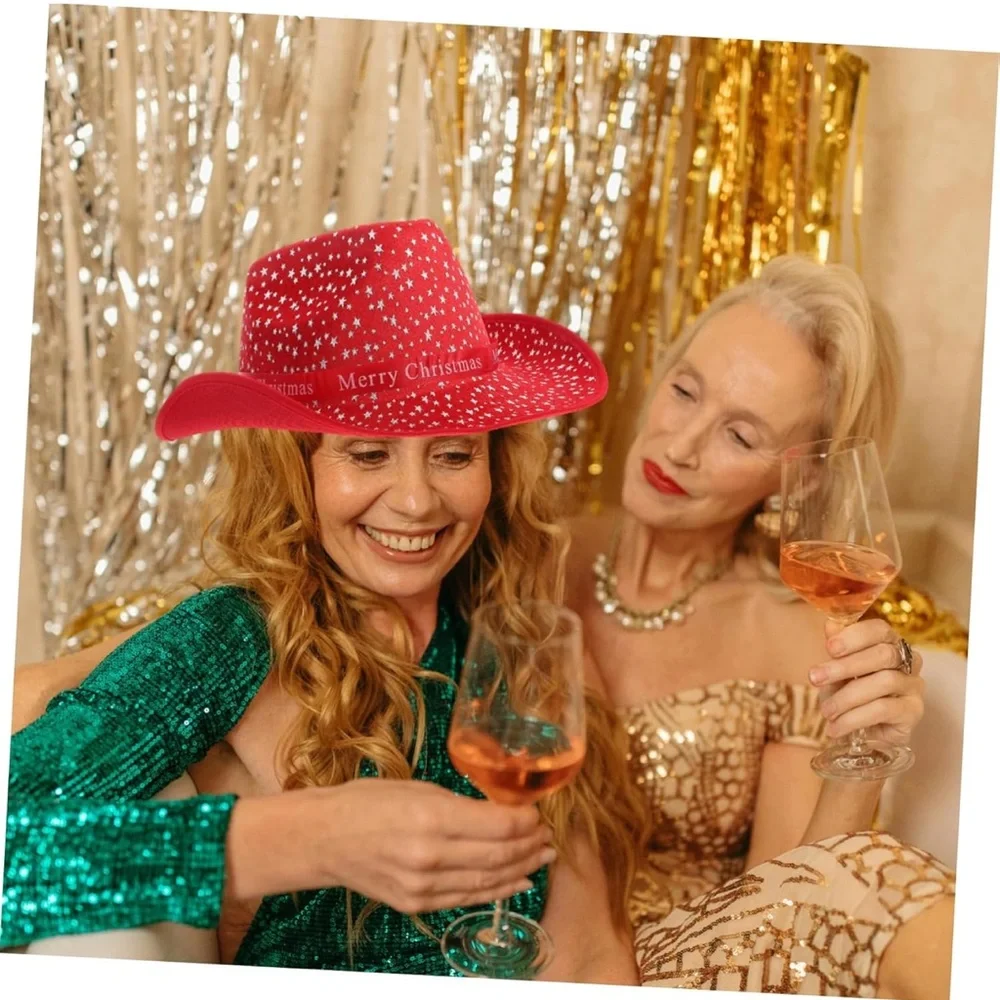 2 PCS Festive Red Christmas Party Hat Cowboy Hat Western